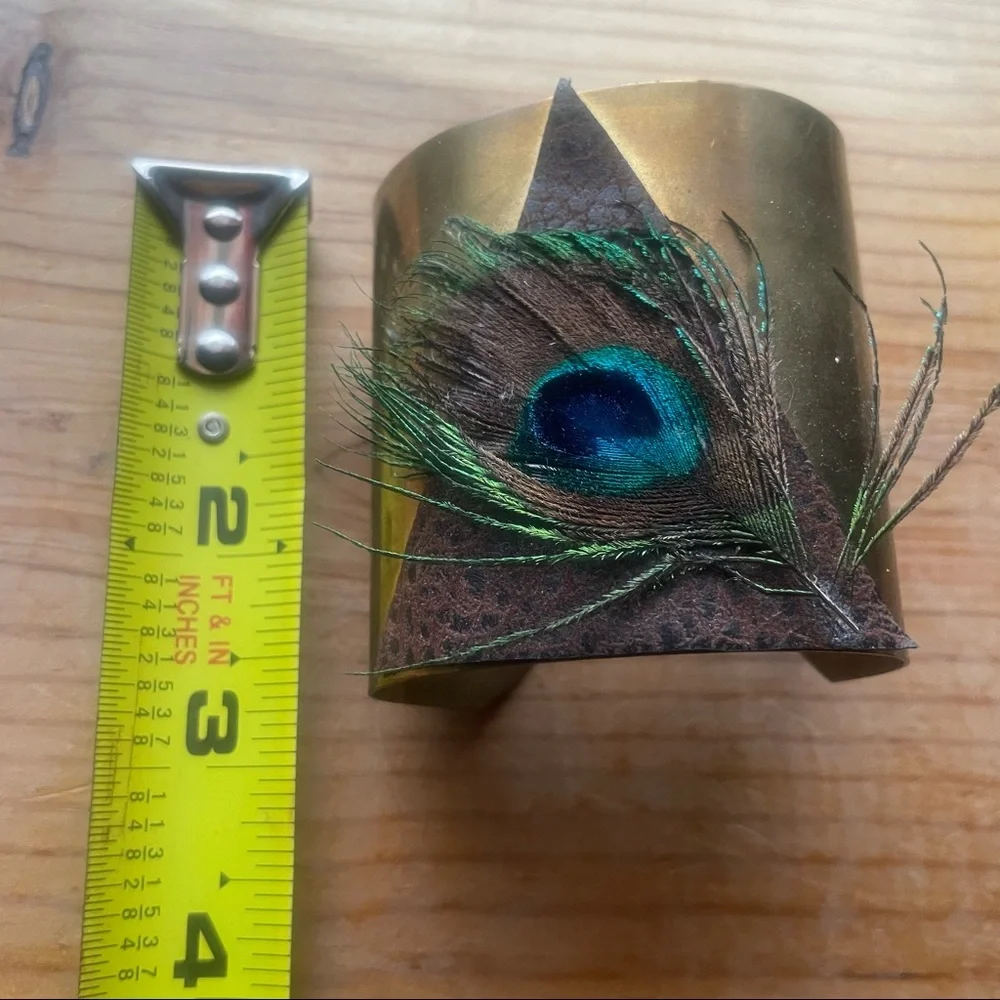 Brass peacock feather cuff bangle bracelet